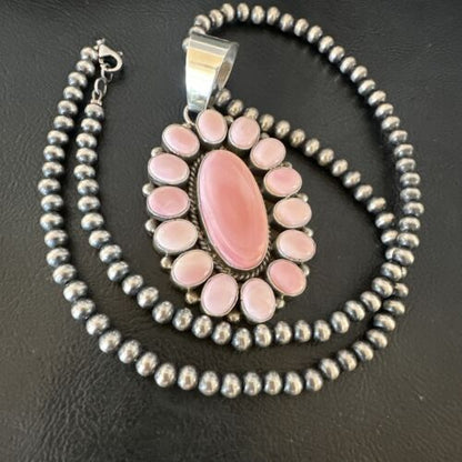 Navajo Pearls Pink Conch Necklace with Multi-Stone Cluster Pendant | Authentic Native American Handmade | 16062