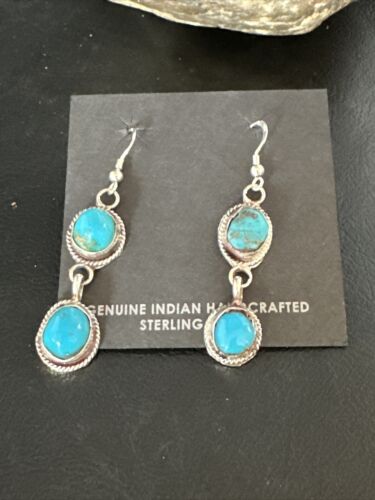 Kingman Turquoise Dangle Earrings | Navajo Sterling Silver | Authentic Native American Handmade | 14865