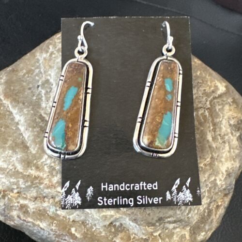 Navajo Blue Boulder Turquoise Dangle Earrings | Sterling Silver | Authentic Native American Handmade | 16499
