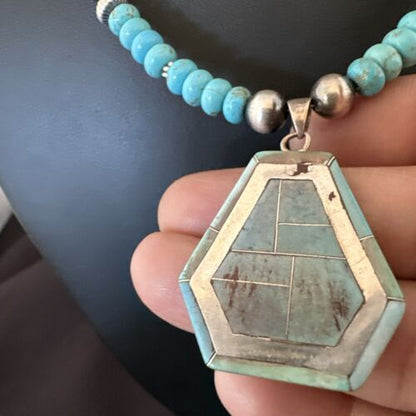 Navajo Turquoise Inlay Pendant Necklace | Sterling Silver | Authentic Native American Handmade | 17076