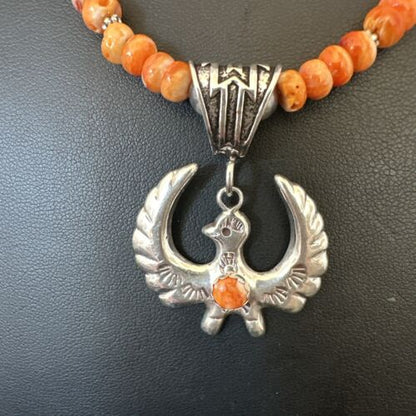Navajo Thunderbird Orange Spiny Oyster Pendant Necklace | Sterling Silver | Authentic Native American Handmade | 16852