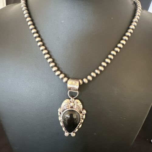 Navajo Pearls Black Onyx Necklace Pendant | Sterling Silver | Authentic Native American Handmade | 16528