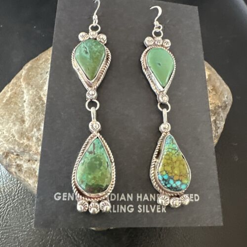 Navajo Green Royston Turquoise Dangle Earrings | Sterling Silver | Authentic Native American Handmade | 17141