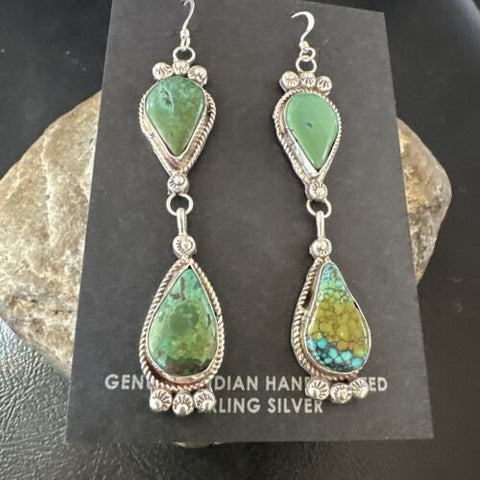 Native Navajo Green Royston Turquoise Sterling Silver Dangle Earrings 17141