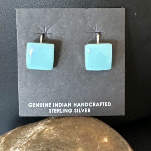 Navajo Blue Turquoise Dangle Earrings | Sterling Silver | 1" | Authentic Native American Handmade | 15810