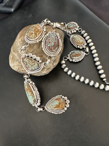 Navajo XL Blue Turquoise #8 Squash Blossom Necklace | Sterling Silver | 18" | Authentic Native American Handmade | 17205