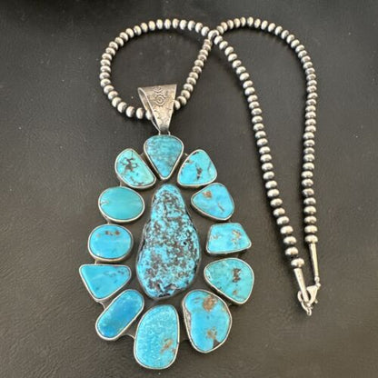 Navajo Blue Kingman Turquoise Cluster Pendant Necklace | Sterling Silver | Authentic Native American Handmade | 16795