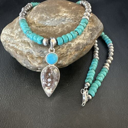 Navajo Wild Horse | Blue Kingman Turquoise Pendant Necklace | Sterling Silver | Native American Handmade | 17573