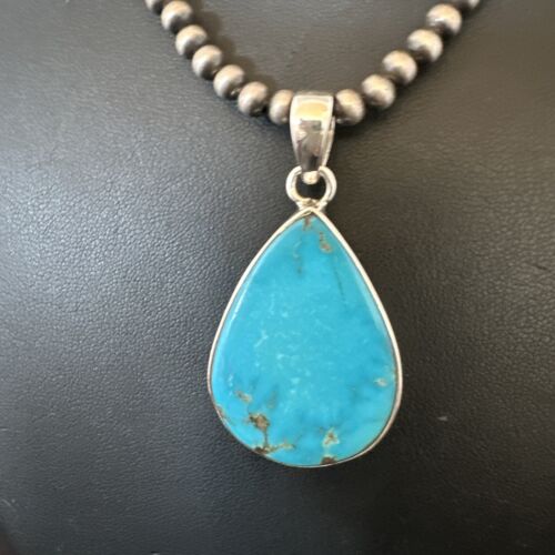 Navajo Blue Kingman Turquoise Pendant Necklace | Sterling Silver | 20" | Authentic Native American Handmade | 16725