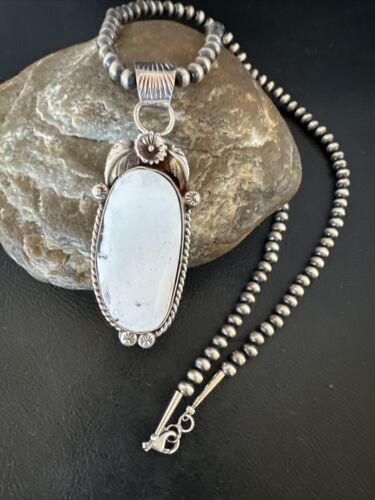 Navajo White Buffalo Turquoise Pendant Necklace | Sterling Silver | Authentic Native American Handmade | 15616