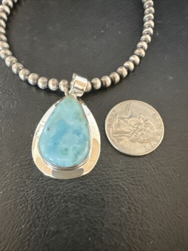 Navajo Blue Larimar Pendant Necklace | Sterling Silver Beads | Authentic Native American Handmade | 17602