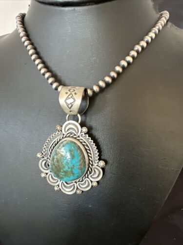 Navajo Blue Kingman Turquoise Pendant Necklace | Sterling Silver | 20" | Authentic Native American Handmade | 16352