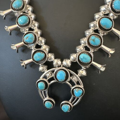 Navajo Kingman Turquoise Shadowbox Squash Blossom Necklace | Sterling Silver | 17" | 16111
