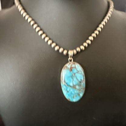 Navajo Blue Spiderweb Turquoise Pendant Necklace | Sterling Silver | Authentic Native American Handmade | 17020