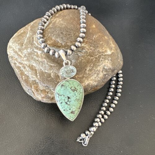 Navajo Dry Creek Turquoise Topaz Pendant Necklace | Sterling Silver | Authentic Native American Handmade | 16445