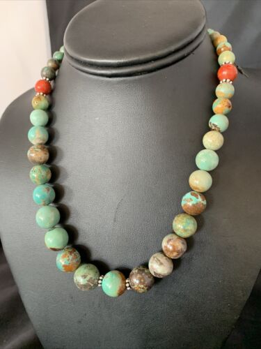 Navajo Green Turquoise & Apple Coral Graduated Necklace | Sterling Silver | Authentic Native American | 18" | 13208