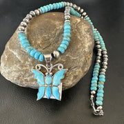 Navajo Butterfly Blue Ridge Turquoise Inlay Pendant Necklace | Sterling Silver | Native American Handmade | 16486