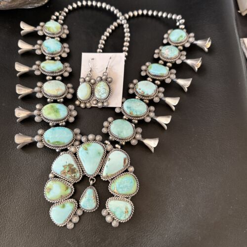 Royston Turquoise Navajo Squash Blossom Necklace & Earrings | Sterling Silver | Native American Handmade | 16536
