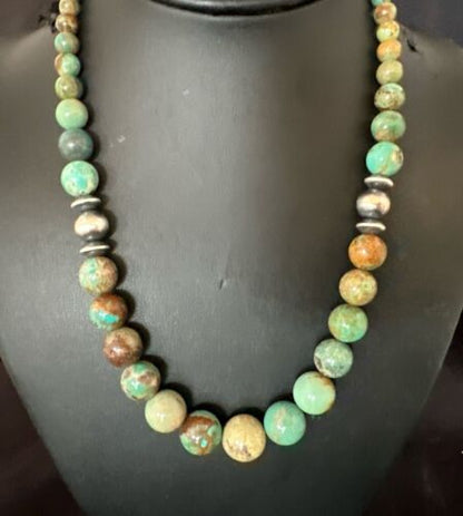 Navajo Green Turquoise Bead Necklace | Sterling Silver | Graduated | Authentic Native American | 18" | 17402