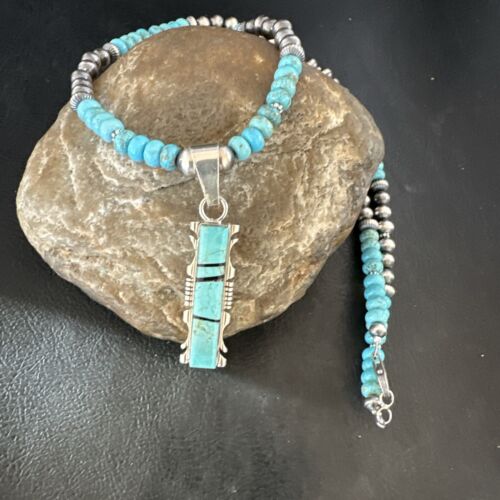 Men's and Women's Turquoise #8 Inlay Pendant Necklace | Navajo Sterling Silver | Authentic Native American Handmade | 17074