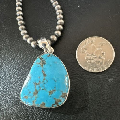 Navajo Blue Kingman Turquoise Pendant with Pearls | Sterling Silver Necklace | 20" | 17008