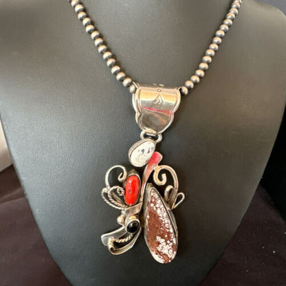 Navajo Sterling Silver Coral Wild Horse Necklace Pendant | Multi-Stone | Authentic Native American Handmade | 15946