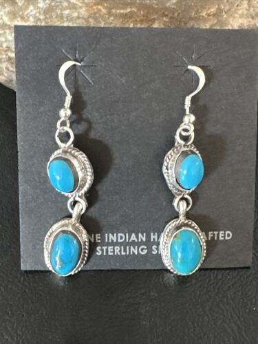 Kingman Turquoise Dangle Earrings | Navajo Sterling Silver | Authentic Native American Handmade | 14863