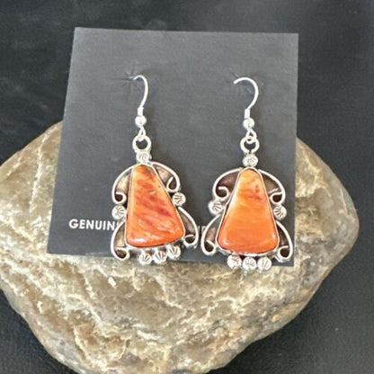 Navajo Orange Spiny Oyster Dangle Earrings | Sterling Silver | Authentic Native American Handmade | 17269