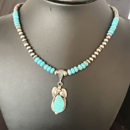 Navajo Blue Turquoise Pendant with Pearls | Sterling Silver Necklace | Authentic Native American Handmade | 15416