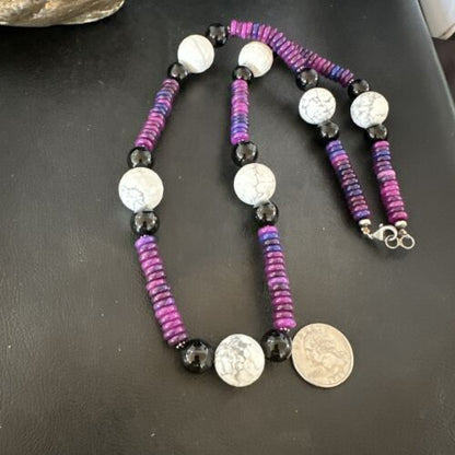 Navajo Purple Sugilite Onyx Howlite Bead Necklace | Sterling Silver | 25" | Authentic Native American Handmade | 16948