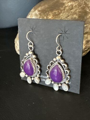 Navajo Purple Sugilite White Mother of Pearl Earrings | Sterling Silver | 1" | Authentic Native American Handmade | 15334