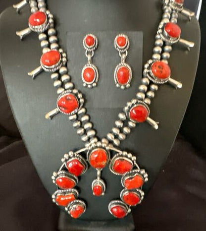 Red Coral Naja Pendant | Sterling Silver Squash Blossom Necklace & Earrings | Native American | 17048