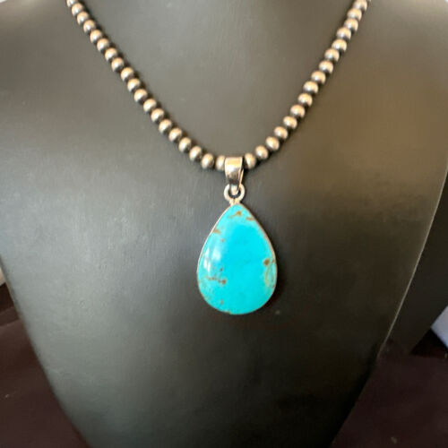 Blue Kingman Turquoise Pendant | Navajo Pearls | Sterling Silver Necklace 20" | 16672