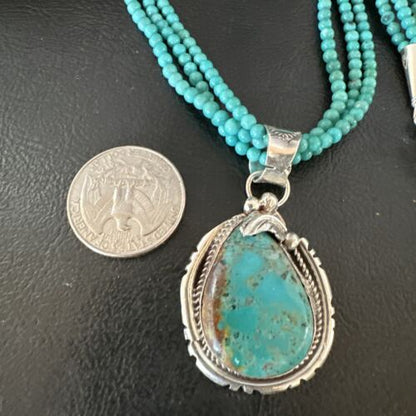 Navajo Blue Turquoise Pendant | Sterling Silver 3-Strand Bead Necklace | 17" | Authentic Native American Handmade | 15997