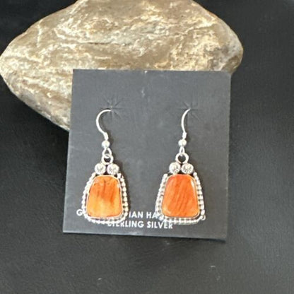 Navajo Orange Spiny Oyster Dangle Earrings | Sterling Silver | Authentic Native American Handmade | 17274