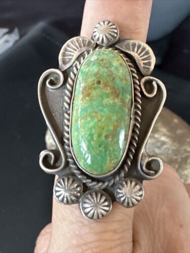 Native American Navajo Green Turquoise Ring | Sterling Silver | Sz 7.5 | 15919 - Masha USA
