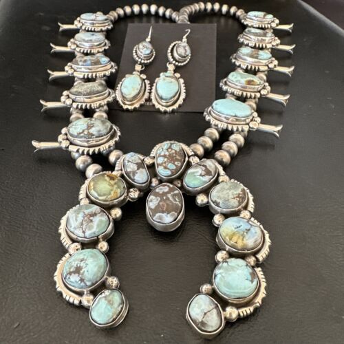Navajo Blue Golden Hills Turquoise Squash Blossom Necklace & Earrings | Sterling Silver | 17210