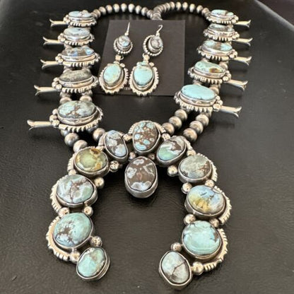 Navajo Blue Golden Hills Turquoise Squash Blossom Necklace & Earrings | Sterling Silver | 17210