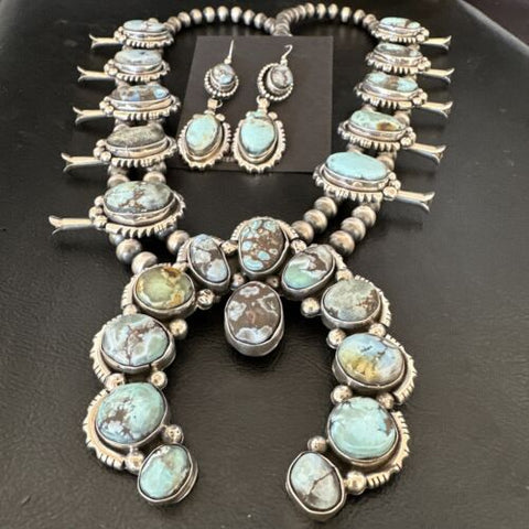 Blue Golden Hill Turquoise Squash Necklace Earrings Sterling Silver Navajo 17210