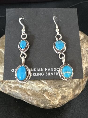 Kingman Turquoise Dangle Earrings | Navajo Sterling Silver | Authentic Native American Handmade | 14870
