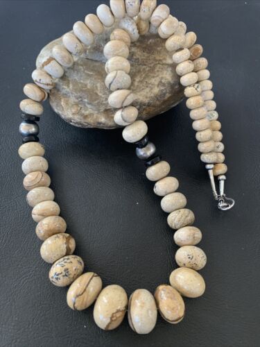 Native American Women's Graduated Picture Jasper & Onyx Necklace | Sterling Silver 26" | 1767