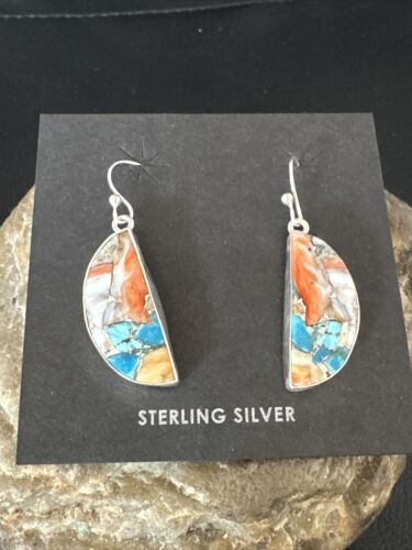 Navajo Blue Turquoise & Orange Spiny Oyster Inlay Dangle Earrings | Sterling Silver | 15584