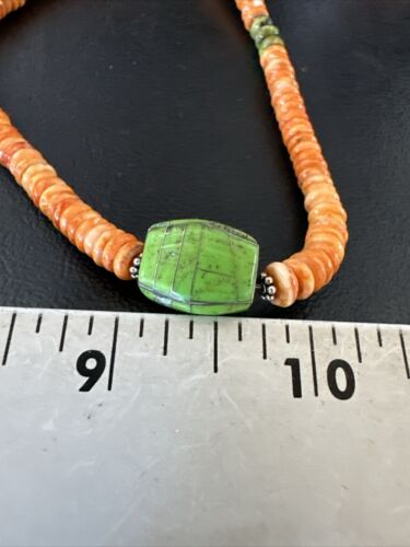 Navajo Green Turquoise & Orange Spiny Oyster Pendant | Sterling Silver | Authentic Native American Handmade | 17484