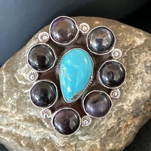 Navajo Blue Kingman Turquoise and Sugilite Cluster Ring | Authentic Native American Sterling Silver | Multi-Stone | Sz 9.5 | 16771