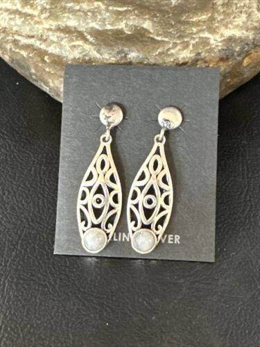 Navajo Pink Mother of Pearl Dangle Inlay Earrings | Sterling Silver | Authentic Native American Handmade | 15301