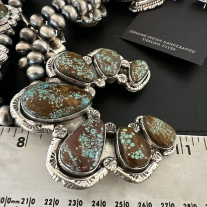 Navajo Blue Turquoise #8 Squash Blossom Necklace with Naja Earrings | Sterling Silver | 17204 - Masha USA