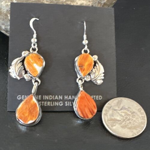 Navajo Orange Spiny Oyster Dangle Earrings | Sterling Silver | 1.5" | Authentic Native American Handmade | 16568