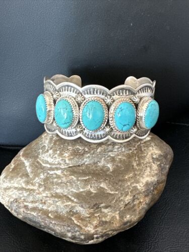 Navajo Blue Turquoise 5 Stone Cuff Bracelet | Sterling Silver | XL Men's | Authentic Native American Handmade | 15859