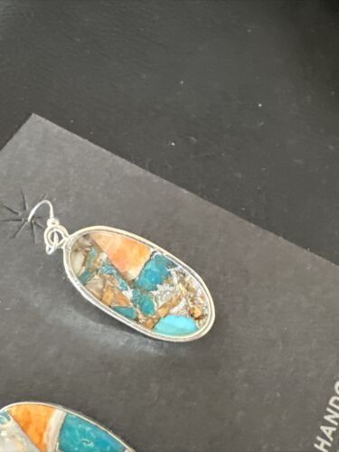 Navajo Blue Turquoise & Orange Spiny Oyster Inlay Dangle Earrings | Sterling Silver | 15586