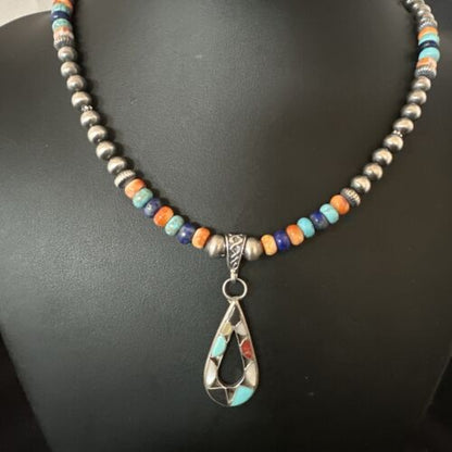 Navajo Spiny Oyster Turquoise Lapis Inlay Pendant Necklace | Sterling Silver | 21" | Authentic Native American Handmade | 16768